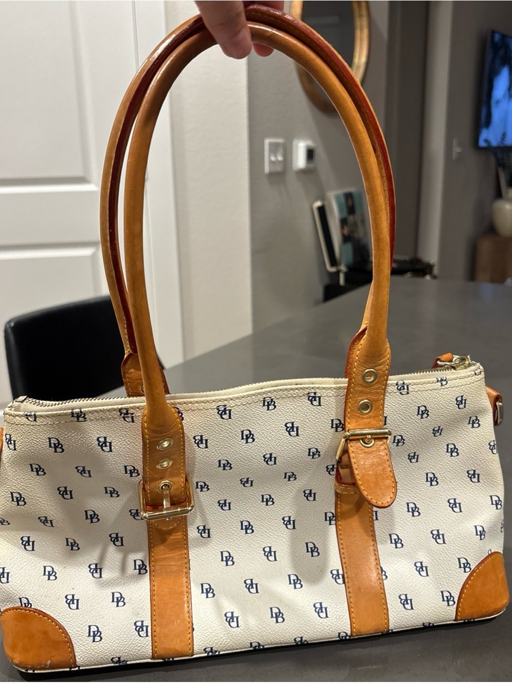 Dooney & Bourke Cream Canvas Shoulder Bag with Tan Leather Trim
